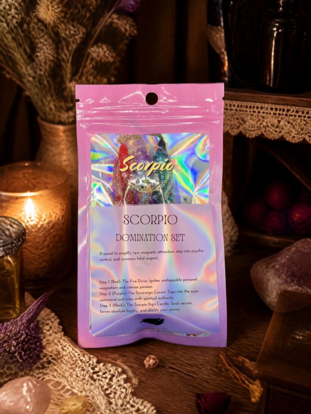 Boho Scorpio Domination Dressed Spell Candle Set 3pc Chime